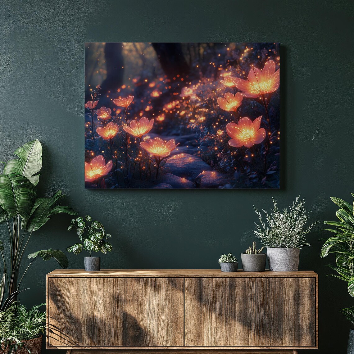 Magical Glowing Flowers Night Garden Fantasy Bioluminescent Art Poster