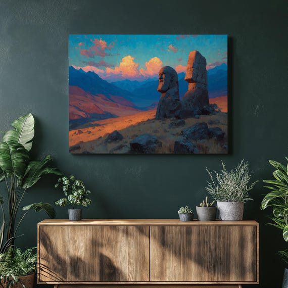Ancient Stone Canvas Wall Art Majestic Mountain Valley Landscape Print Showcasing Rocky Terrain Sunset Clouds In Nature Scenic Decor