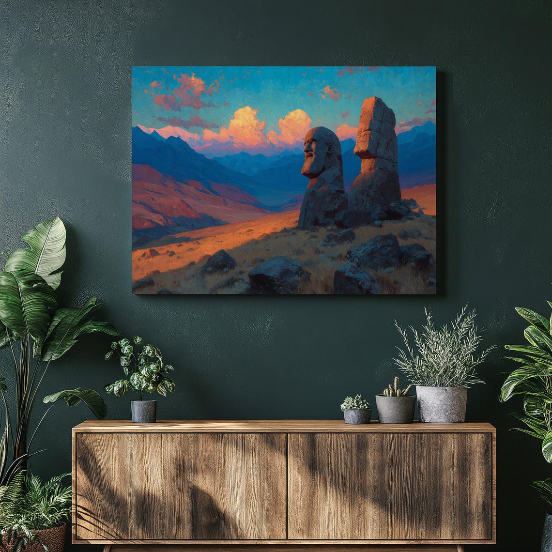 Ancient Stone Colossi Mountain Valley Dramatic Sunset Poster
