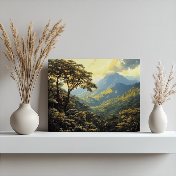 Golden Rainforest Mountain Valley Jungle Landscape Painting Print