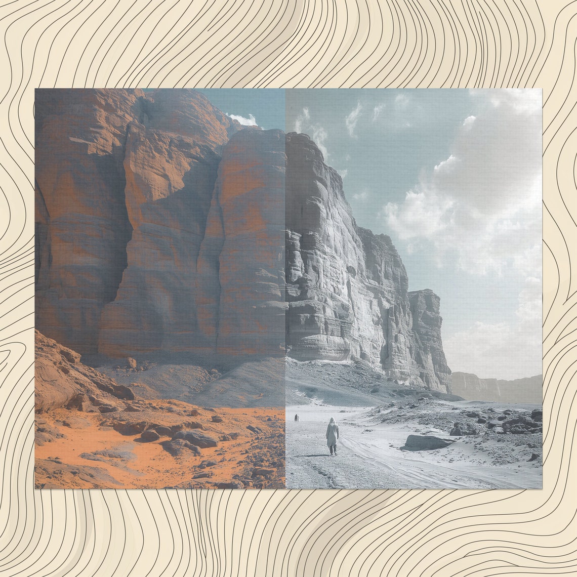 Saudi Desert Canyon Split Color Black White Dual Tone Landscape Poster