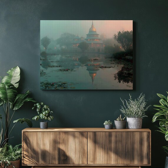 Misty Pagoda Canvas Wall Art Filled Pond Water Lily Blooms Tranquil Reflection Lantern Glow Asian Temple Landscape Artwork Zen Decor