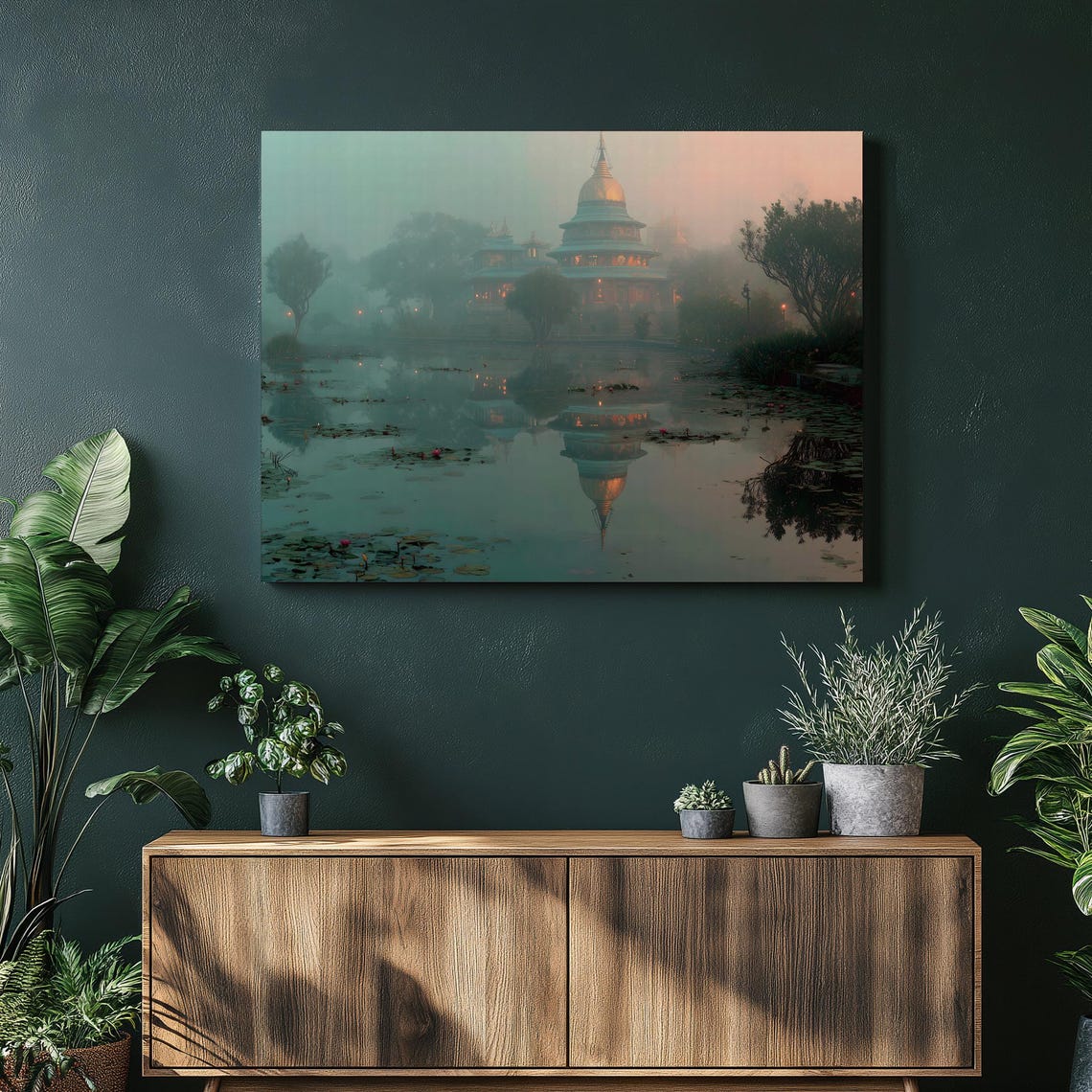Misty Pagoda Canvas Wall Art Filled Pond Water Lily Blooms Tranquil Reflection Lantern Glow Asian Temple Landscape Artwork Zen Decor