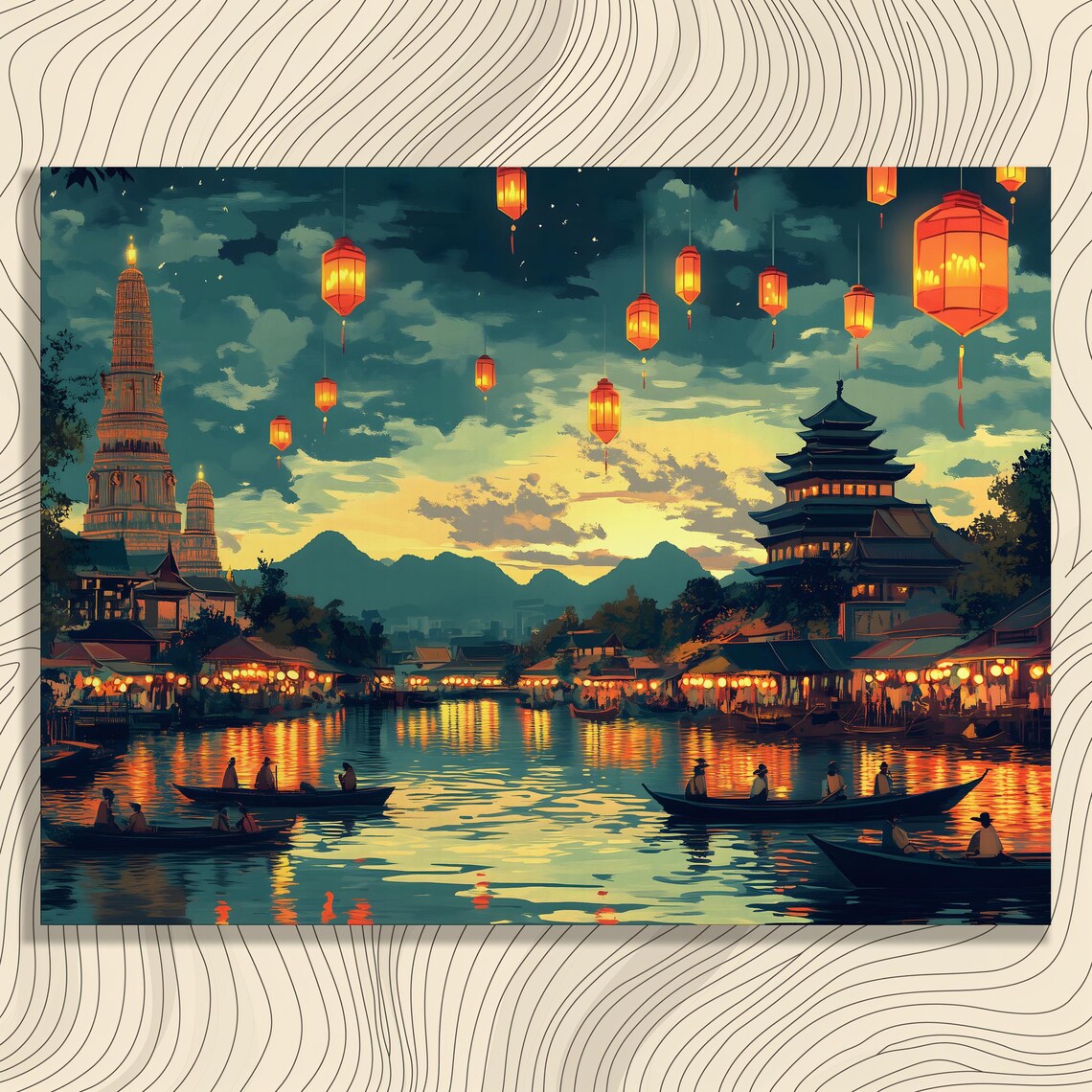 Thailand Floating Market Lantern Festival Night River Scene Poster