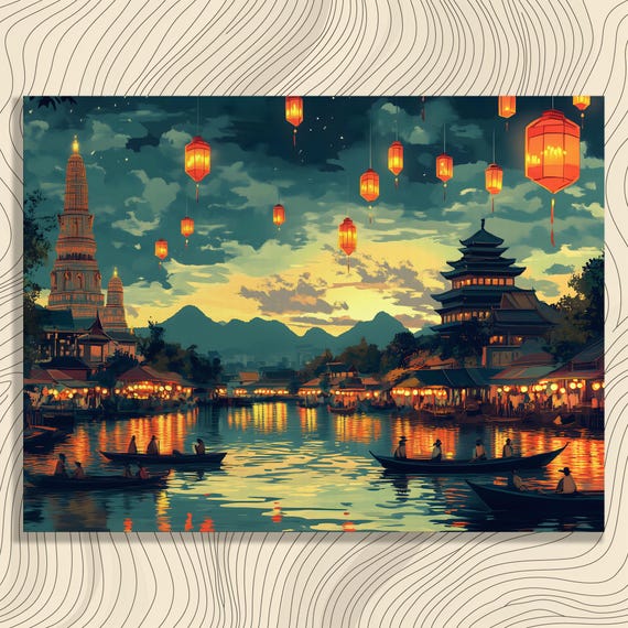 Thailand Floating Market Canvas Wall Art Lantern Festival River Scene With Temples Boats And Reflections Serene Night Cityscape Print