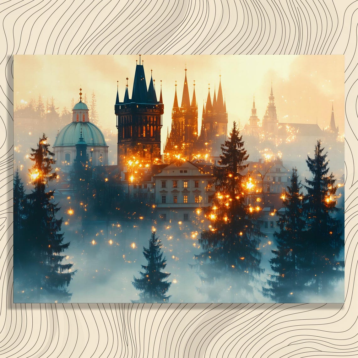 Mystical Gothic Cathedral Cityscape Golden Mist Fantasy Poster