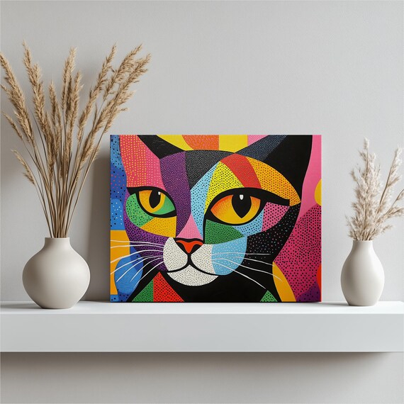 Colorful Geometric Pop Art Cat Face Cubist Vibrant Portrait Poster