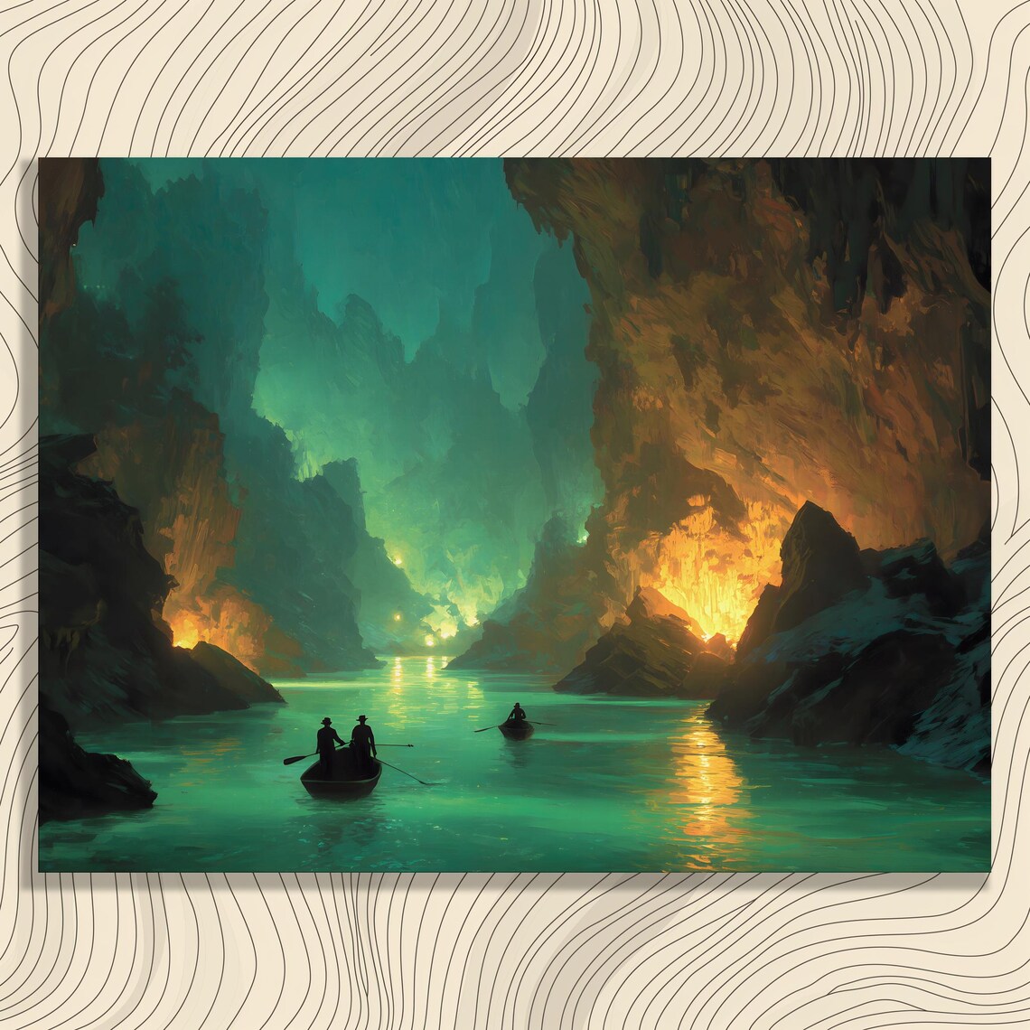 Glowing Cave River With Lantern Boats Emerald Canyon Painting Poster