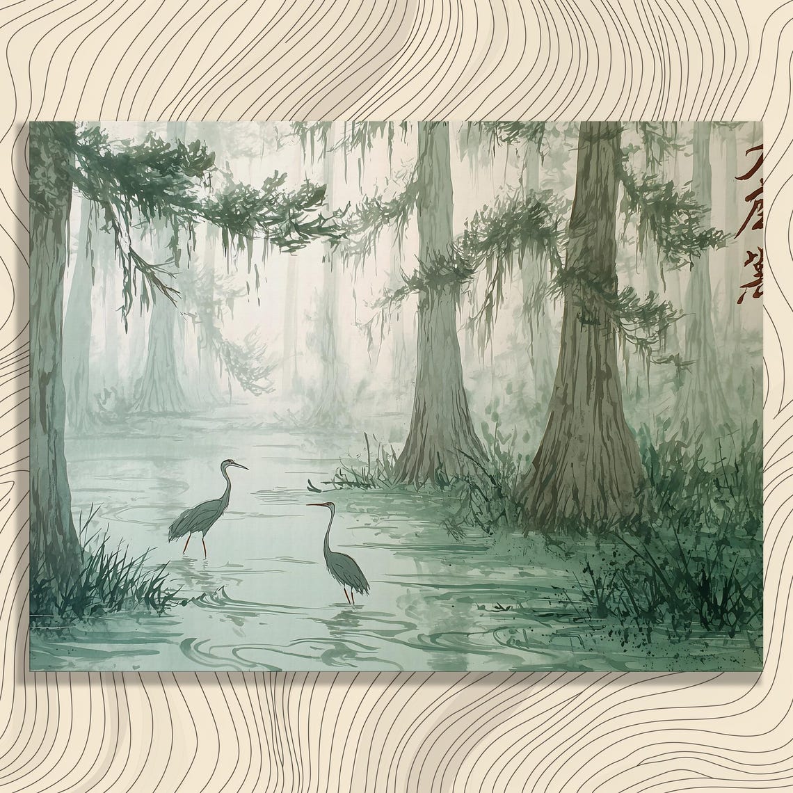 Two Herons Misty Cypress Swamp Japanese Watercolor Art Poster