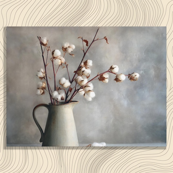 Cotton Stems Rustic Pitcher Neutral Farmhouse Botanical Poster