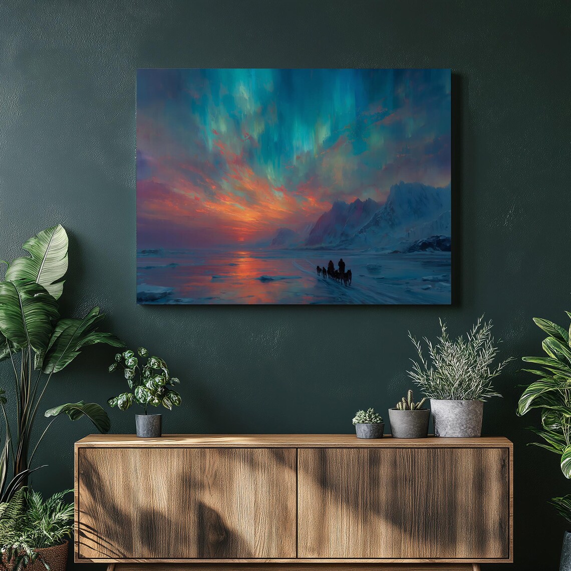 Aurora Borealis Dog Sled Team Over Frozen Arctic Landscape Poster