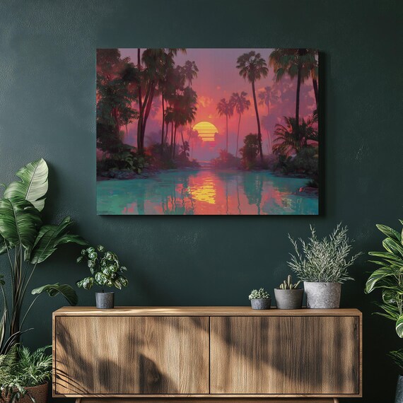 Retro Sunset Palm Trees Tropical Lagoon Neon Pink Sky Poster