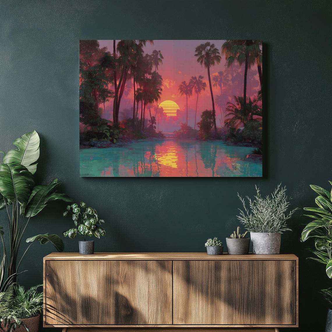 Retro Sunset Palm Trees Tropical Lagoon Neon Pink Sky Poster