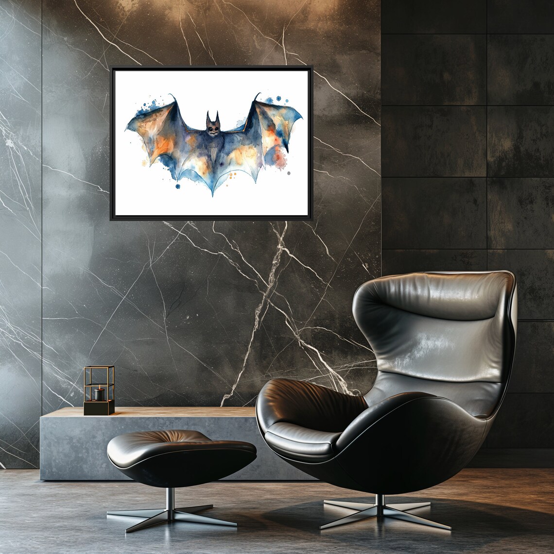 Bat Watercolor Wings Spread Wide Blue Orange Animal Art Poster