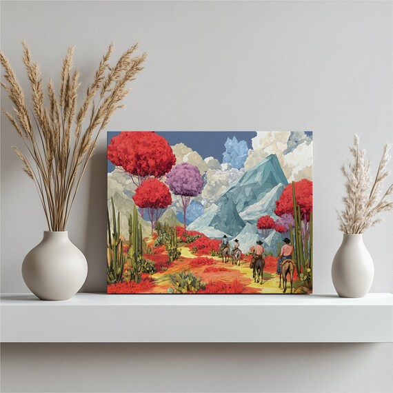 Cowboys Horseback Colorful Desert Cactus Mountain Western Wall Art