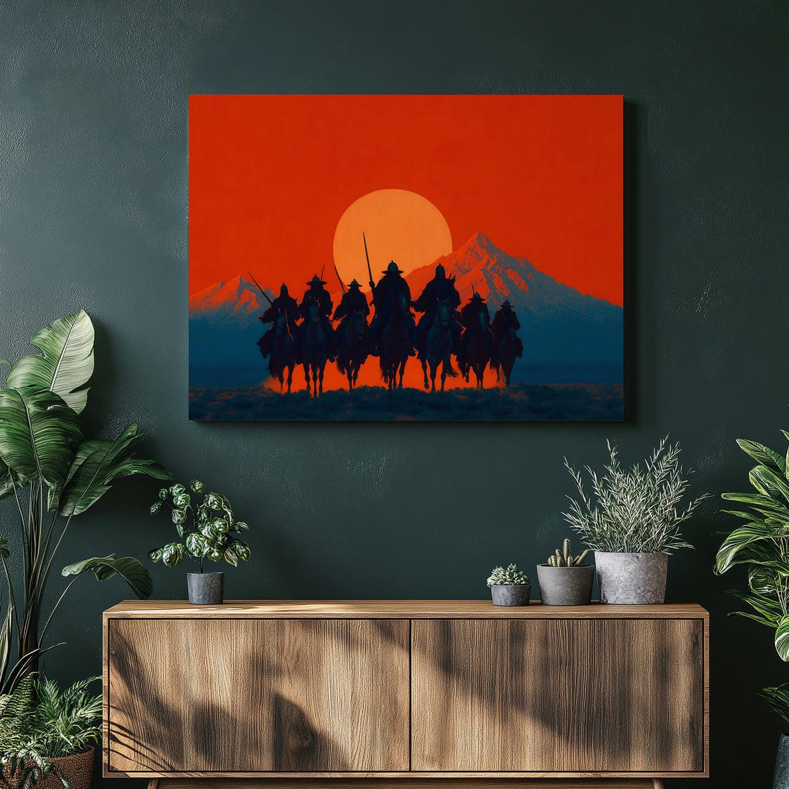 Sunset Horsemen Silhouette Riders Dusk Mountain Landscape Poster