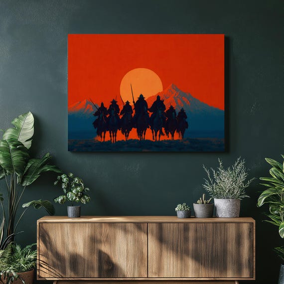 Sunset Warrior Riders Canvas Wall Art Silhouette Horsemen At Dusk Mountain Landscape Cavalry Print Modern Orange Blue Artwork Archers