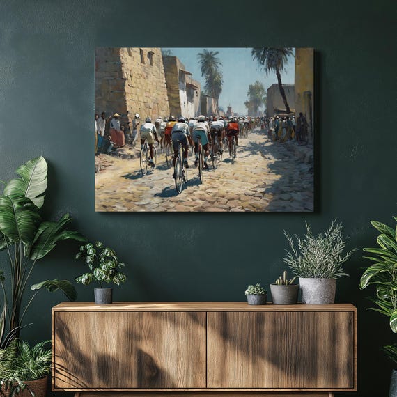 Bicycle Race Canvas Wall Art Sunlit Cobblestone Street Cyclists With Palm Trees Impressionist Painting Landscape Mediterranean Decor