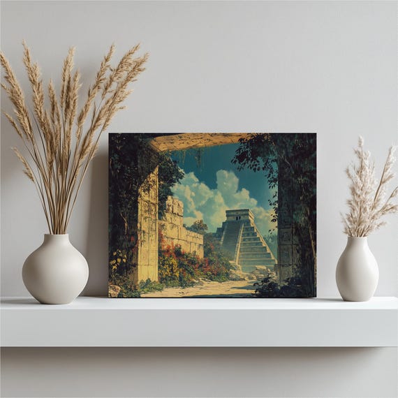 Chichen Itza Canvas Wall Art Mexico Mayan Ruins Landscape Print With Pyramid Lush Greenery Vibrant Floral Accents For Home Decor