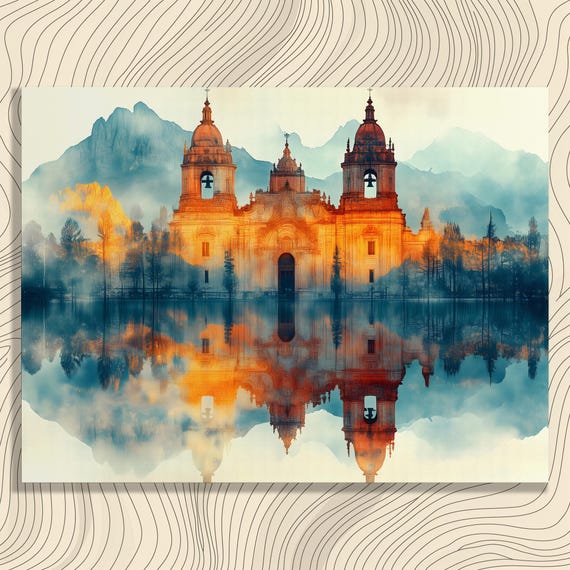 Surreal Cathedral Canvas Wall Art Misty Lake Reflection Print Modern Architecture Landscape Painting Ethereal Realm Illustration