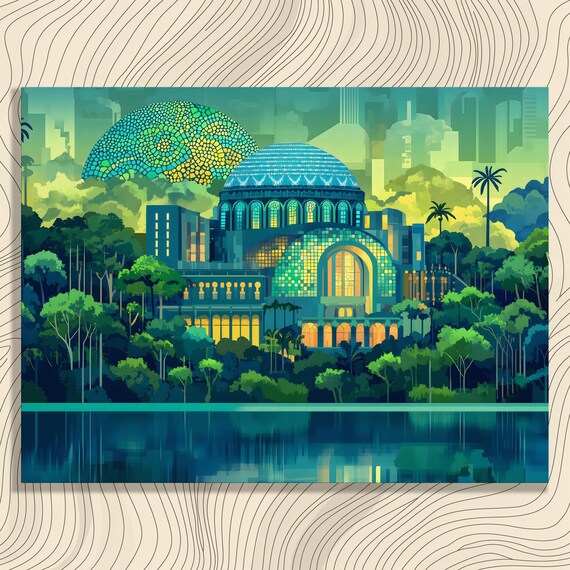 Vibrant Futuristic Cityscape Canvas Wall Art Modern Eco Print Green Forest Landscape Painting Decor Nature Skyline Reflection