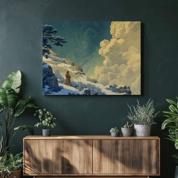 Surreal Mountain Canvas Wall Art Ethereal Snowy Landscape Print Teal Sky Robed Figure Cloud Artwork Fantasy Decor For Nature Lovers