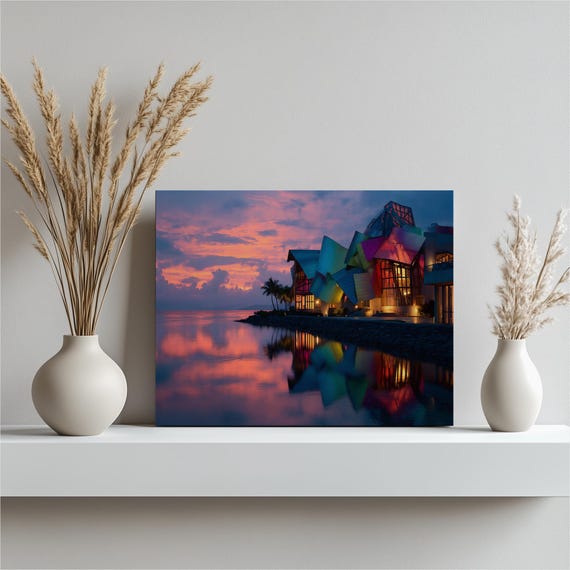 Sunset Waterfront Canvas Wall Art Modern Architecture Print With Water Reflection Colorful Facade Design Tropical Evening Skies Decor