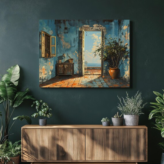 Coastal Patio Open Doorway Sea View Mediterranean Canvas Wall Art