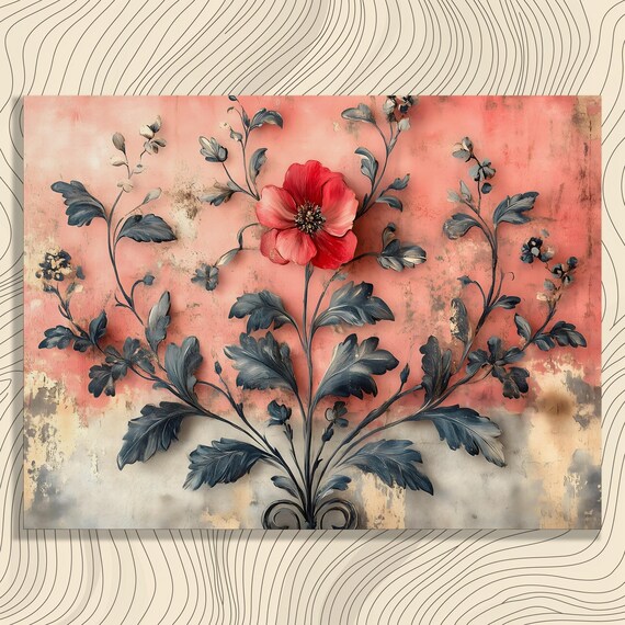 Vintage Red Poppy Floral on Coral Botanical Elegant Floral Art Poster