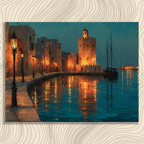 Old Mediterranean Harbor Tower At Night With Lamp Reflections Art Poster