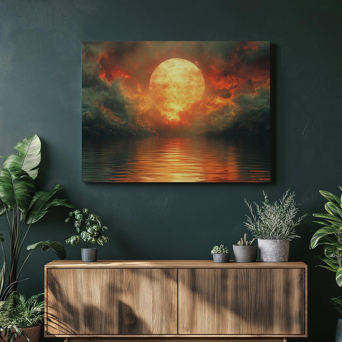 Giant Orange Moon Over Water Fiery Sunset Reflection Art Poster