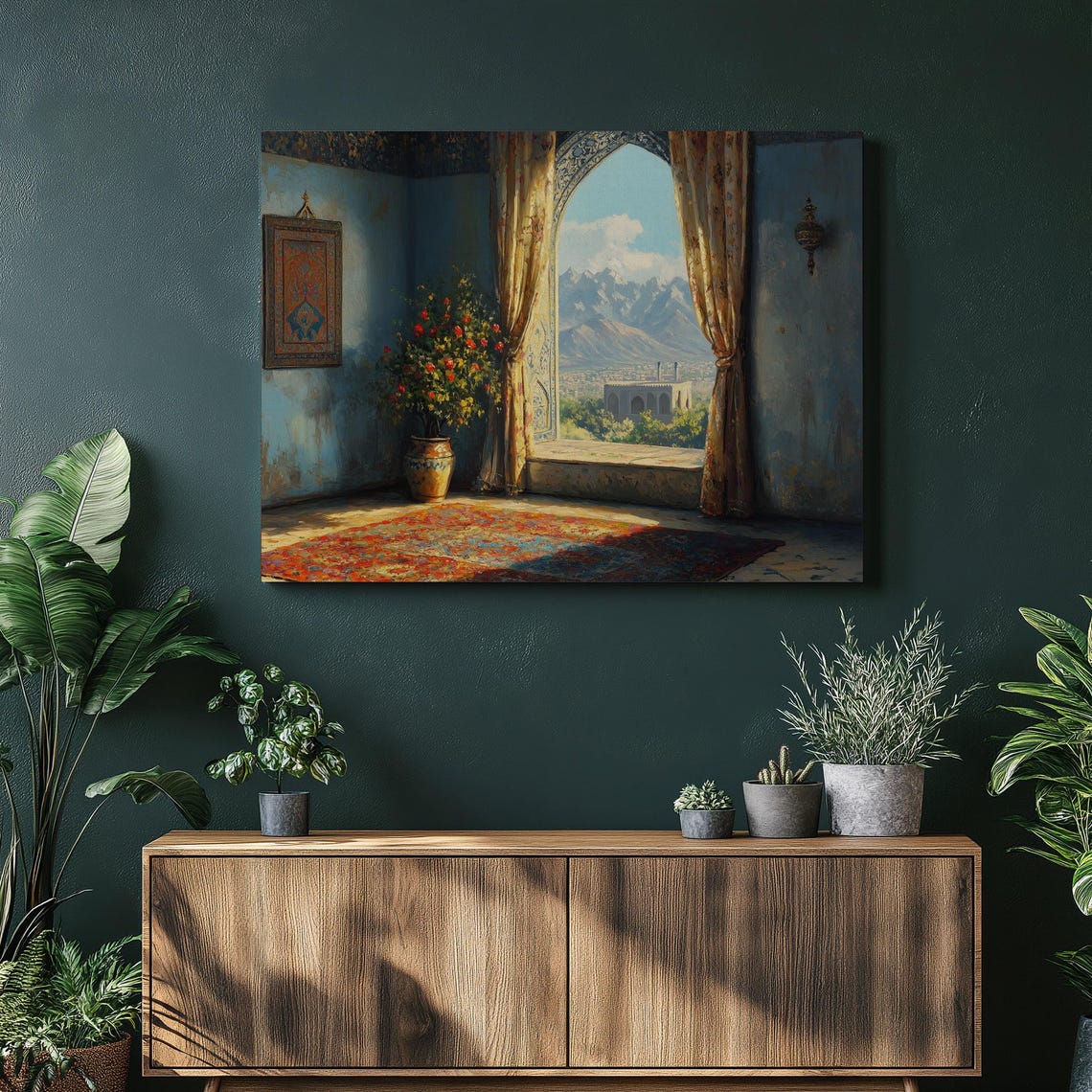 Oriental Room Arched Window Mountain View Rug Interior Poster