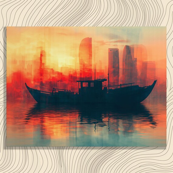 Sunset Cityscape Boat Canvas Wall Art Modern Urban Silhouette Decor Print Contemporary Watercolor Horizon Scene Tranquil Dusk Glow