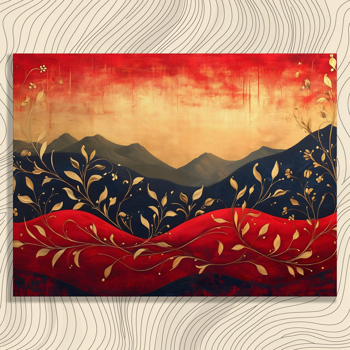 Red Gold Mountain Landscape Poster Modern Impressionist Sunset Art