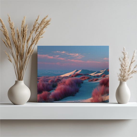 Serene Desert Dunes Canvas Wall Art Pink Sunset Landscape Print Minimalist Boho Decor Sand Dune Grasses Nature Painting Modern Gift