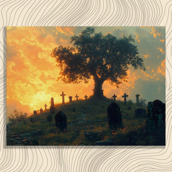 Graveyard Sunset Canvas Wall Art Gothic Dark Landscape With Tree Silhouette Print For Adults And Teens Eerie Dusk Artwork Gift