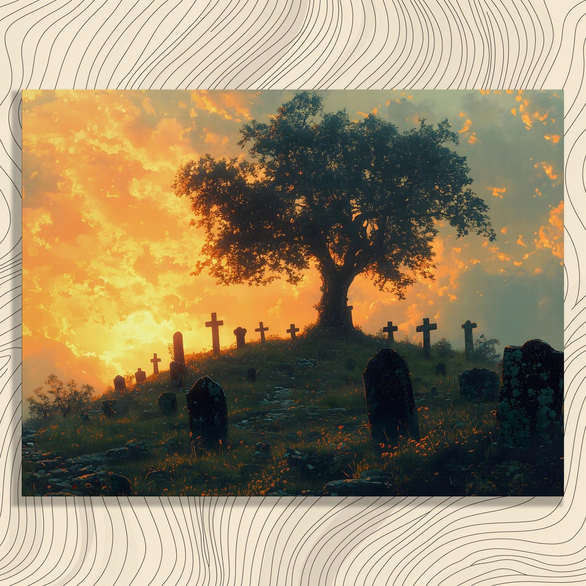 Graveyard Sunset Canvas Wall Art Gothic Dark Landscape With Tree Silhouette Print For Adults And Teens Eerie Dusk Artwork Gift