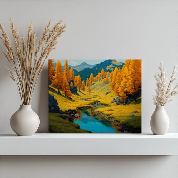 Golden Autumn Valley Mountain Stream Landscape Canvas Wall Poster