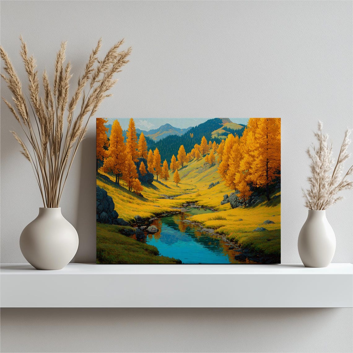 Golden Autumn Valley Mountain Stream Landscape Canvas Wall Poster