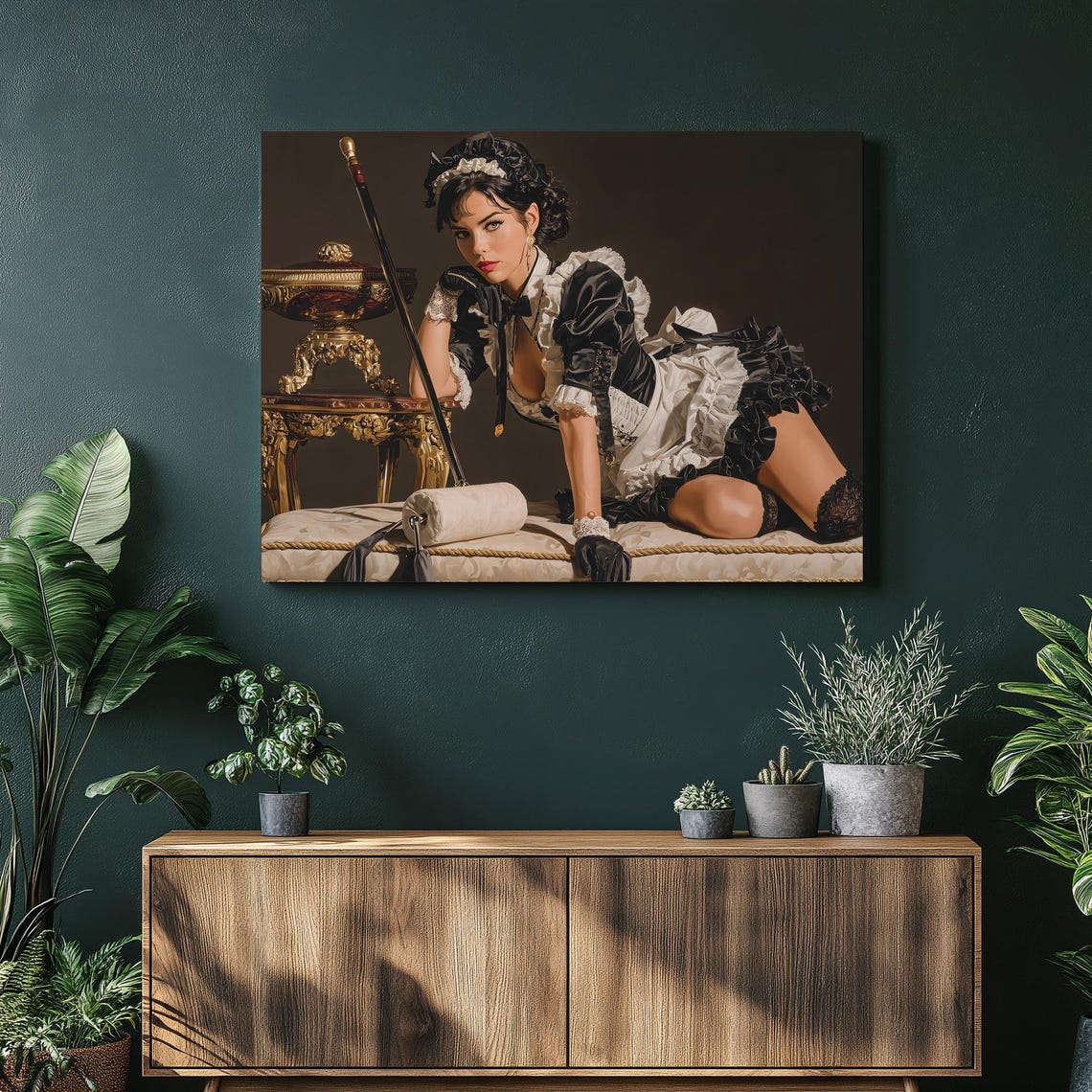 French Maid Boudoir Canvas Wall Art Vintage Pinup Glamour Realistic Portrait Gold Accents Chaise Lounge Antique Furniture Print