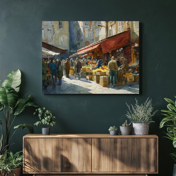 European Market Canvas Wall Art Sunlit Fruit Stand Cityscape Print Urban Decor Street Gift Europe