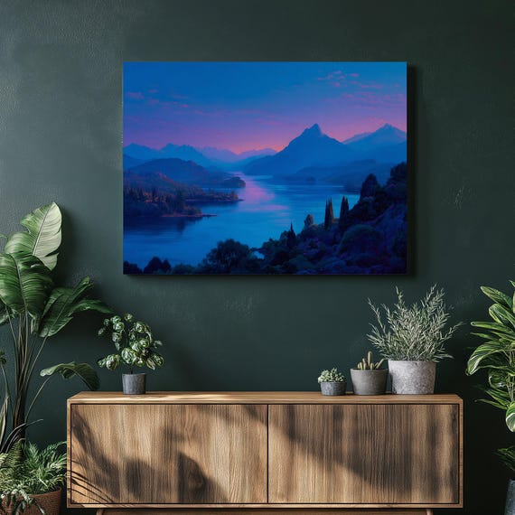 Sunset Mountain Lake Canvas Wall Art Colorful Nature Landscape Print Serenity Water Reflection Forest Sky Contemporary Gift