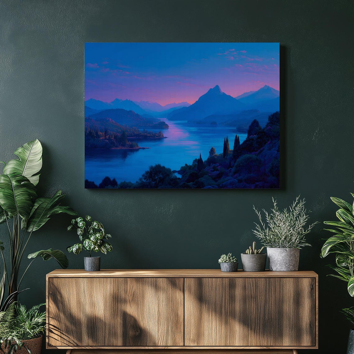 Purple Sunset Mountain Lake With Silhouetted Peaks Canvas Poster