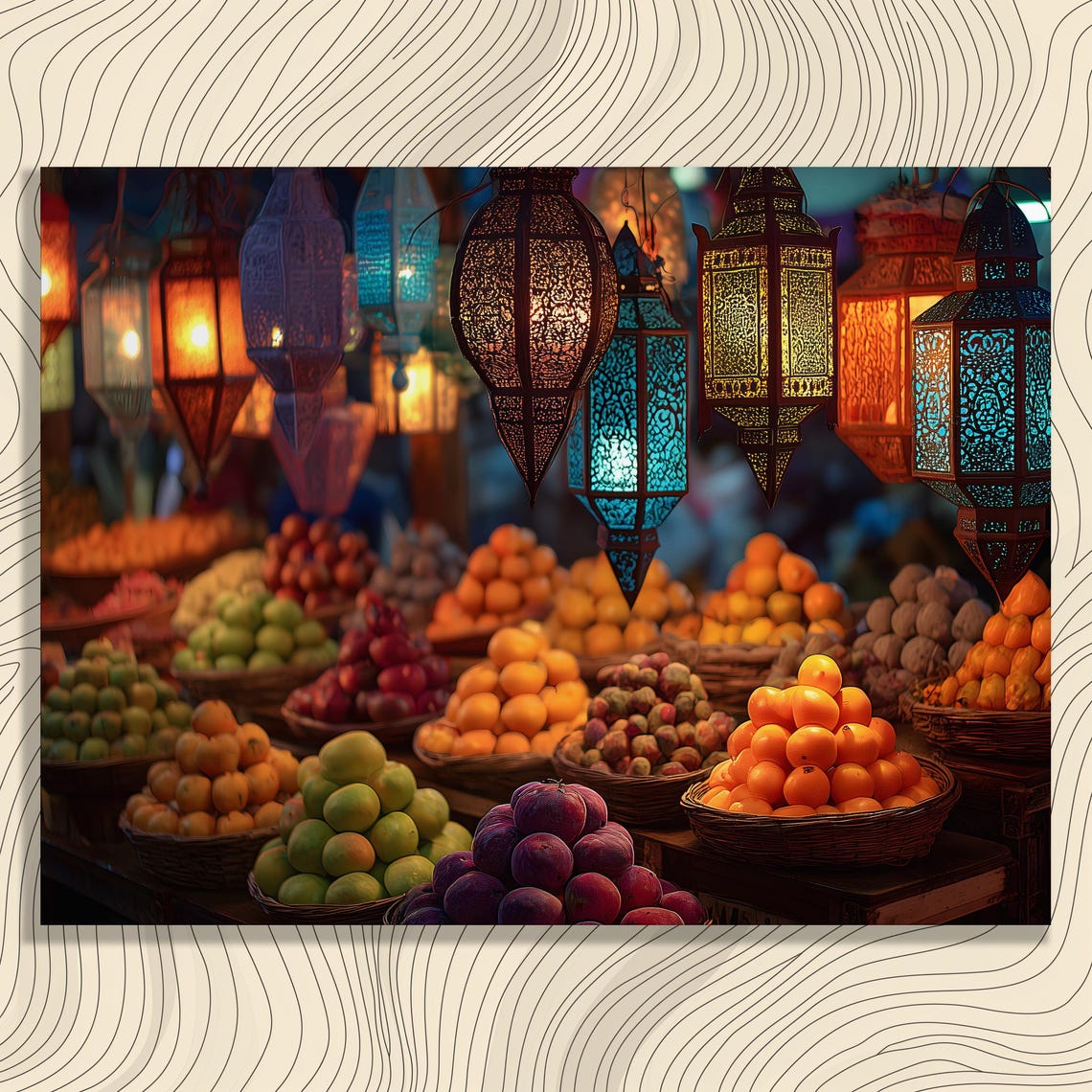 Moroccan Lanterns Colorful Fruit Market Stall Night Glow Poster