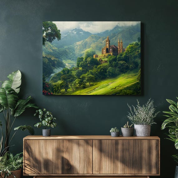 Andean Cathedral Canvas Wall Art Lush Green Mountain Valley Landscape With Misty River And Dramatic Peaks Classic Nature Decor