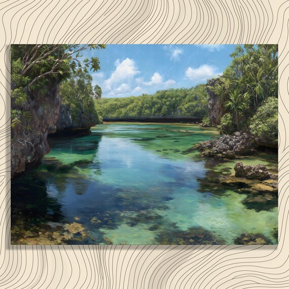 Tropical Turquoise Lagoon Rainforest Cliffs Coastal Seascape Print