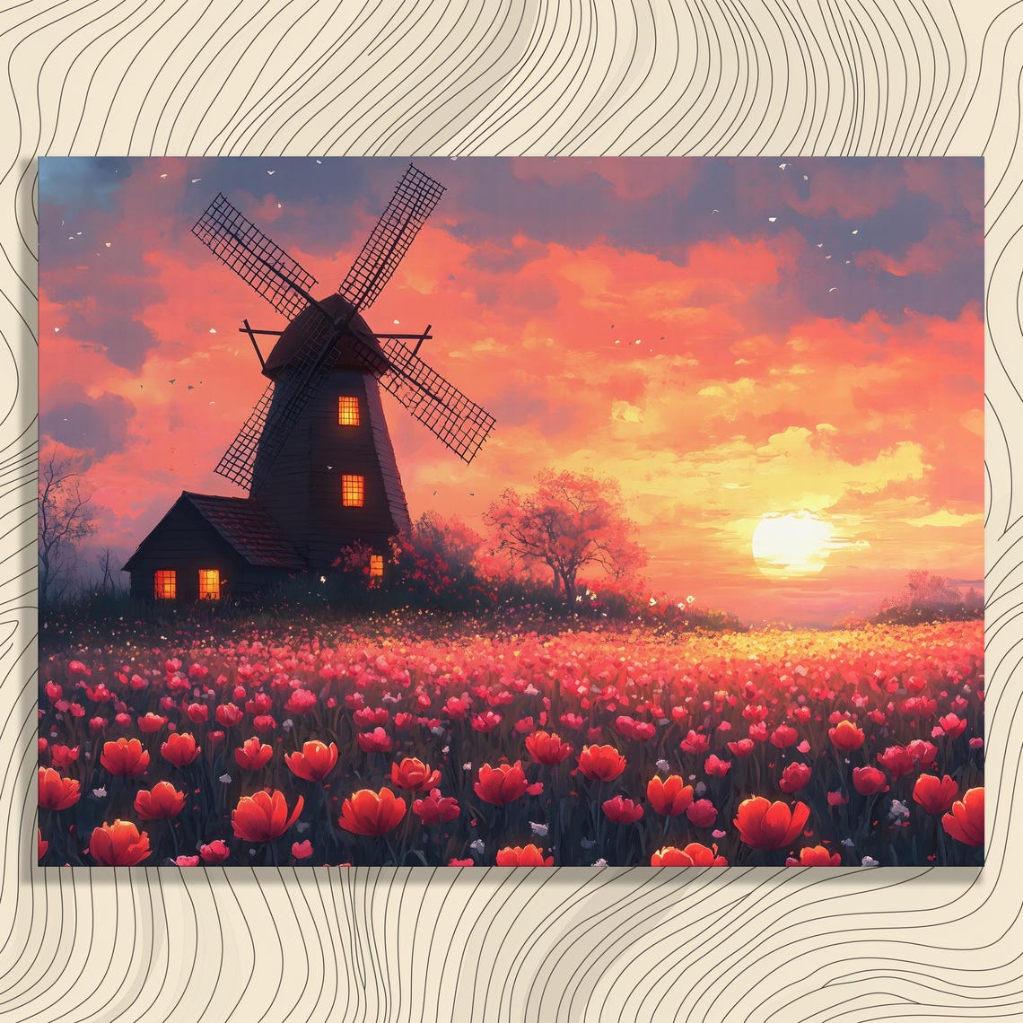 Dutch Windmill Sunset Over Red Tulip Field Landscape Art Poster