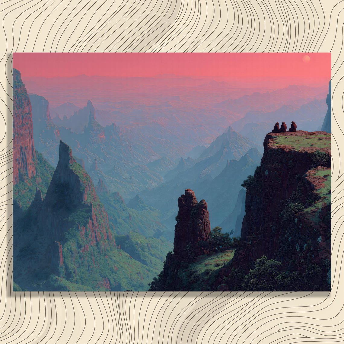 Pink Sky Canyon Cliffs Adventurers Surreal Mountain Landscape Poster