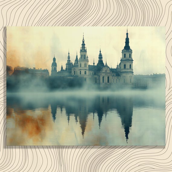 Misty Castle Canvas Wall Art Vintage Reflection Print Historical Painting Serene Landscape Decor Travel Gift