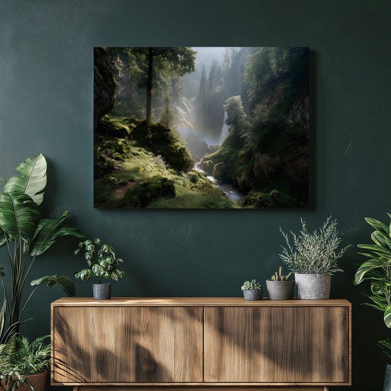Forest Waterfall Canvas Wall Art Lush Green Nature Print With Mossy Stream Sunlit Trees Canyon River Scene Colorful Decor